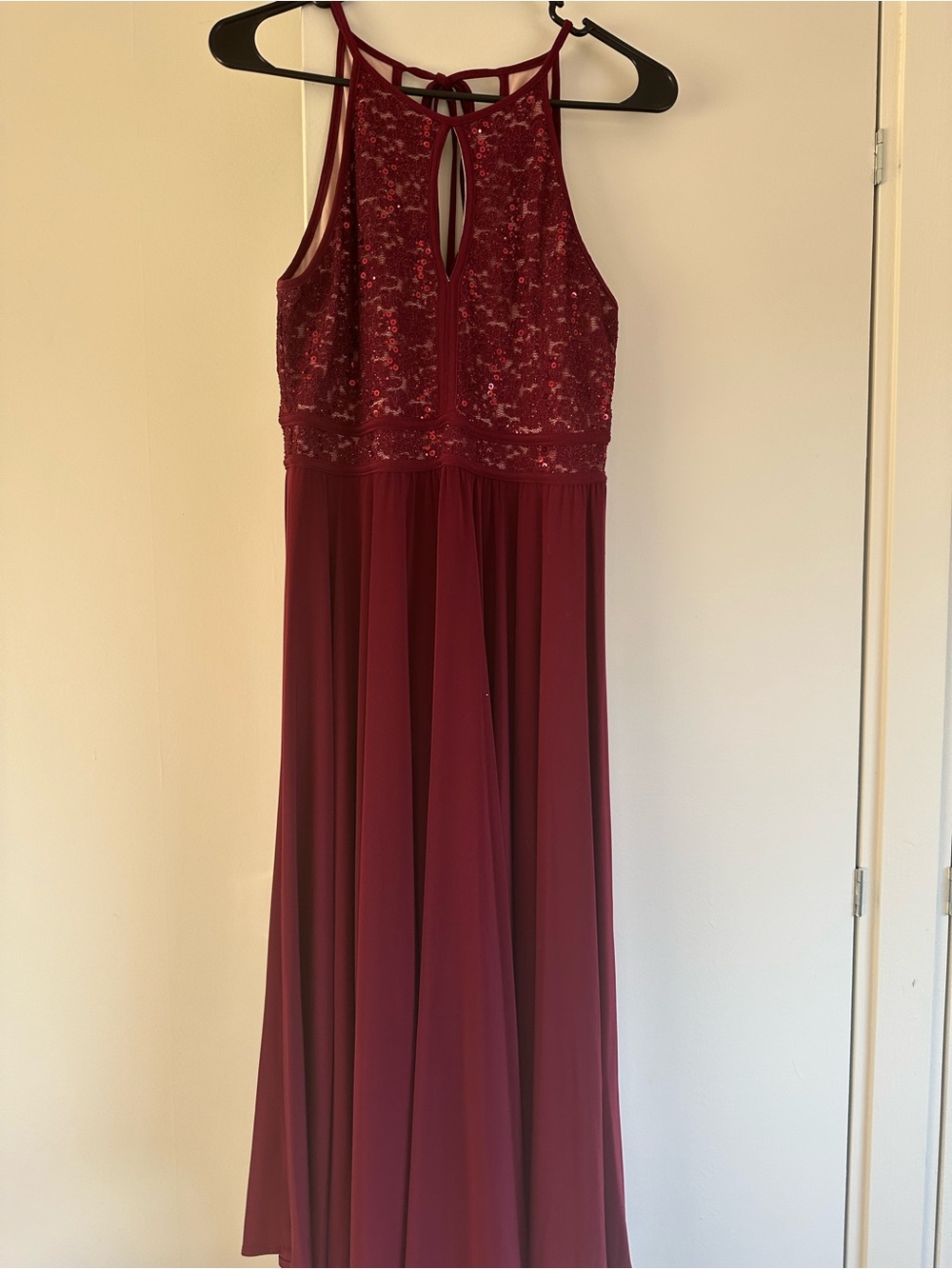 Night Way Collections Burgundy Halter Lace Bodice Maxi Dress